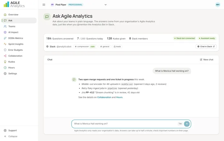 Agile Analytics Ask page, desktop view, light theme